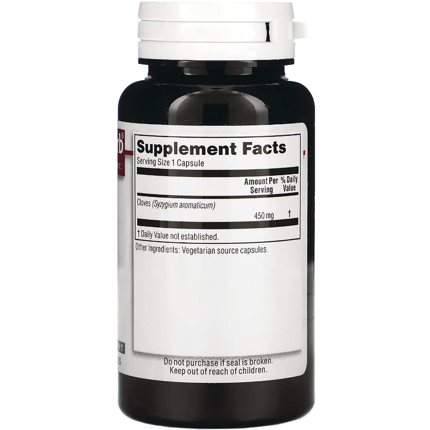 KRG002 | Back of black supplement bottle showing Supplement Facts label, serving size 1 capsule and 450 mg cloves, keep out of reach of children