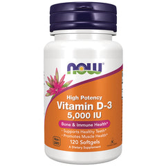 NWF182 | NOW High Potency Vitamin D-3 5,000 IU 120 softgels front label