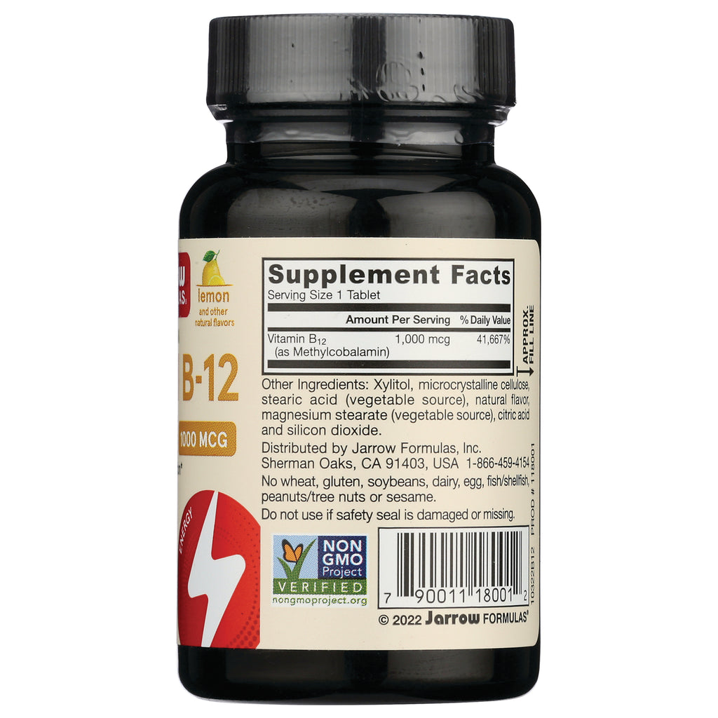 JR029 | Back label of supplement bottle showing Supplement Facts with Vitamin B12 1,000 mcg, ingredients, barcode and Non-GMO seal - Thumbnail