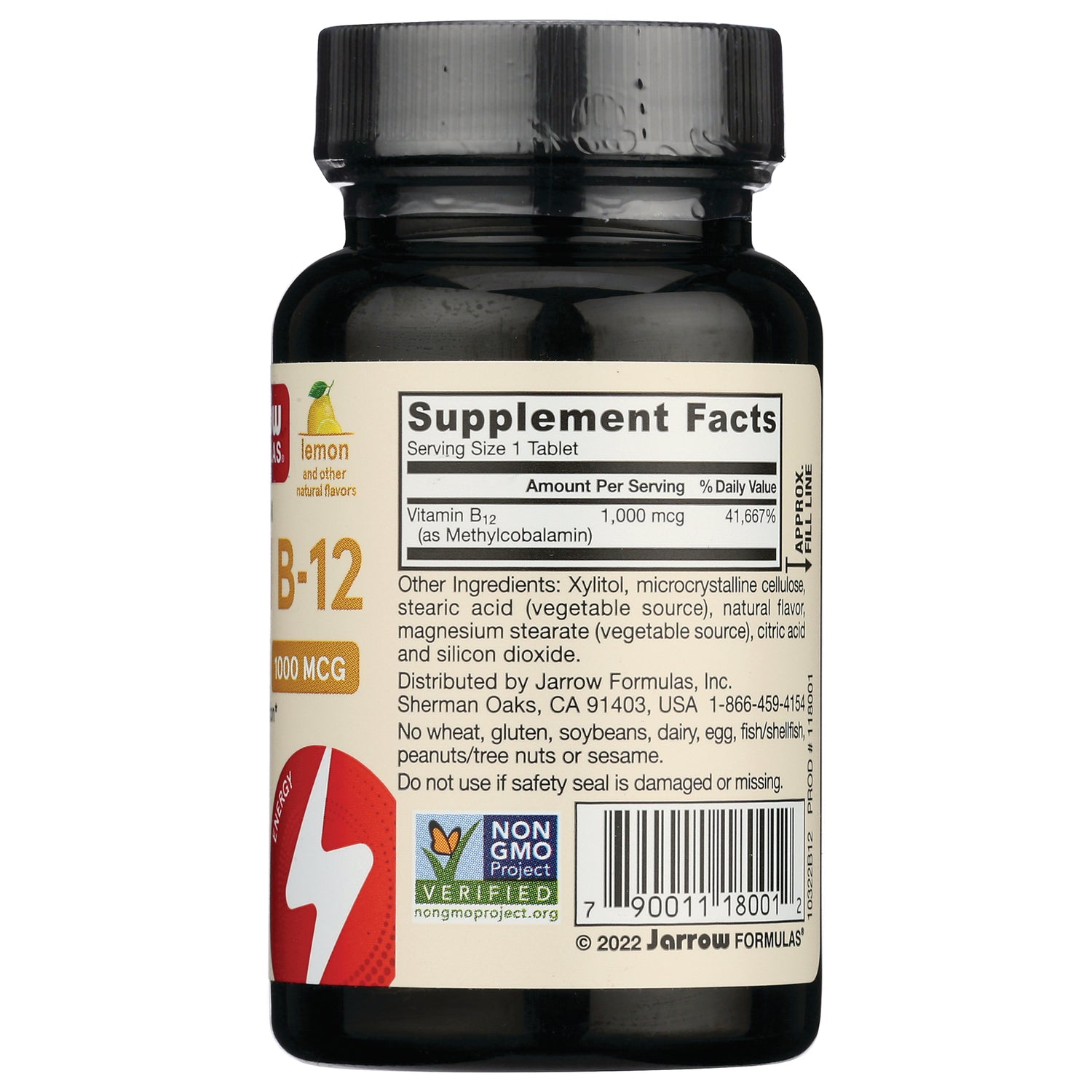 JR029 | Back label of supplement bottle showing Supplement Facts with Vitamin B12 1,000 mcg, ingredients, barcode and Non-GMO seal