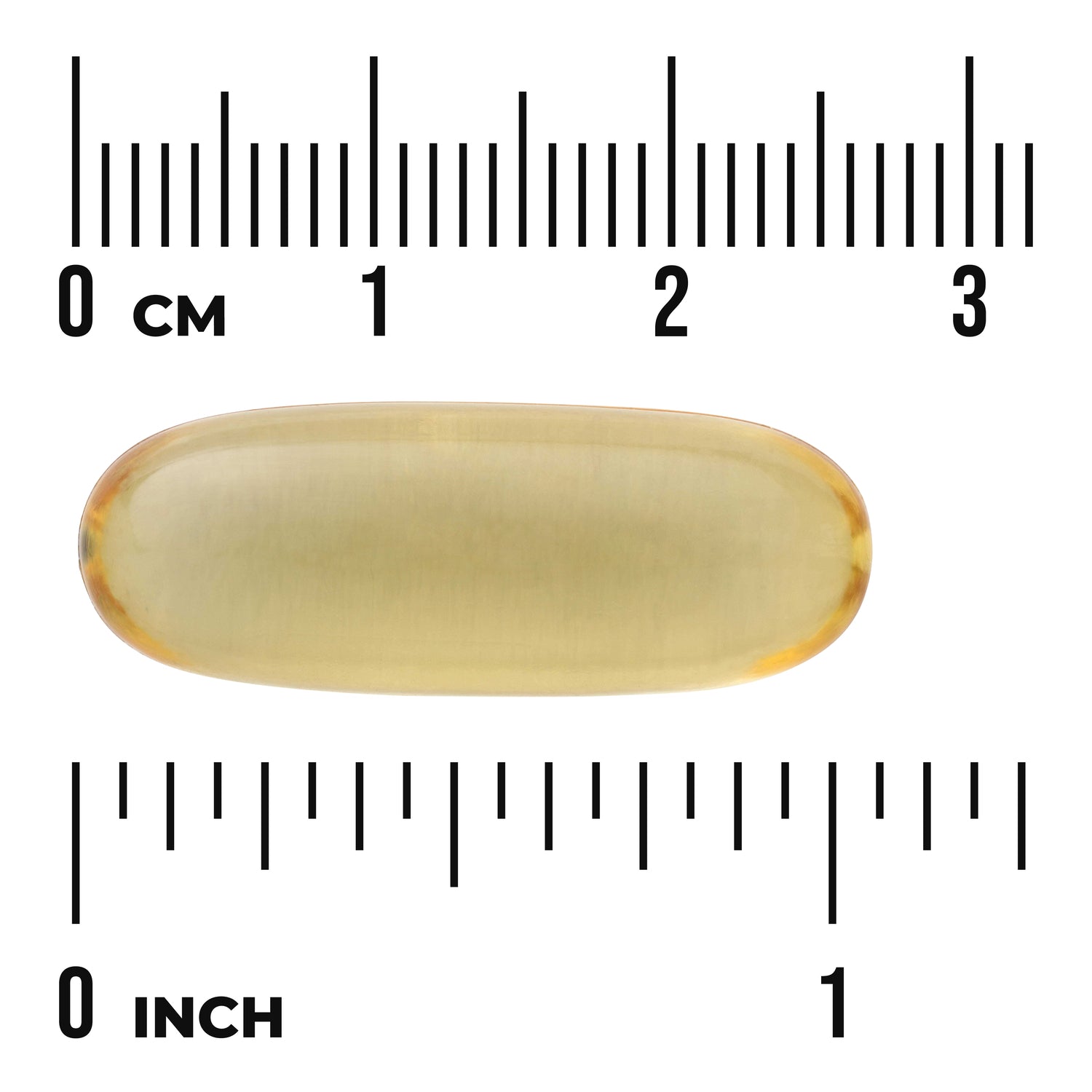 SWE044 | Oval softgel shown against centimeter and inch rulers
