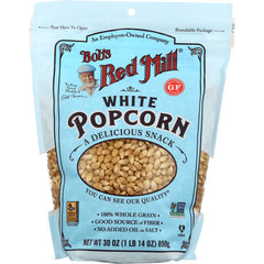 BOB327 | Bob's Red Mill white popcorn bag with clear window showing kernels, 30 oz resealable package