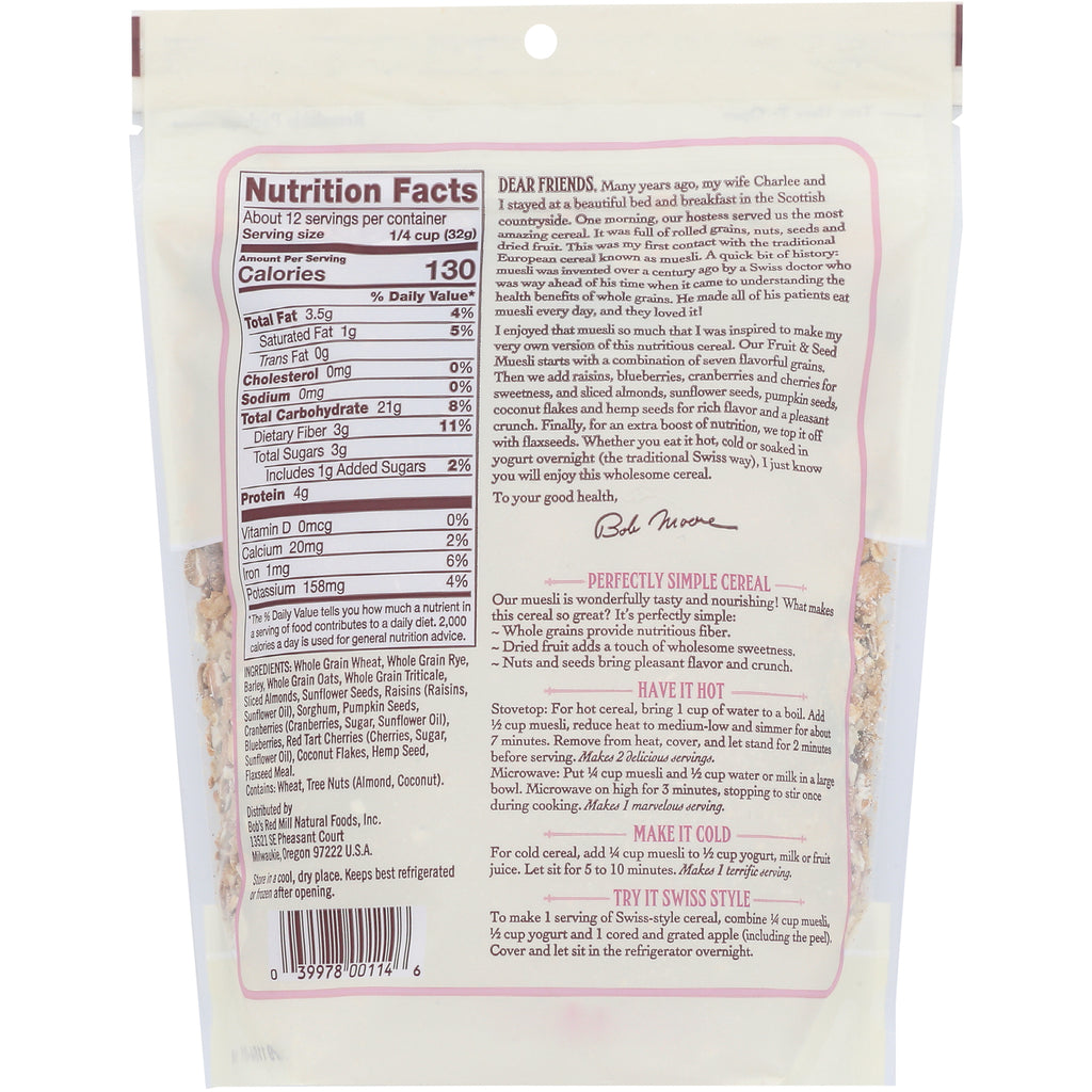 BOB244 | Back of resealable cereal pouch showing Nutrition Facts panel, ingredients list, barcode and preparation instructions - Thumbnail