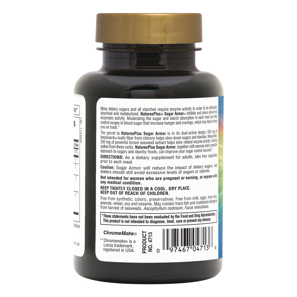 NTP278 | Back label of NaturesPlus Sugar Armor supplement bottle with directions, cautions, and barcode - Thumbnail