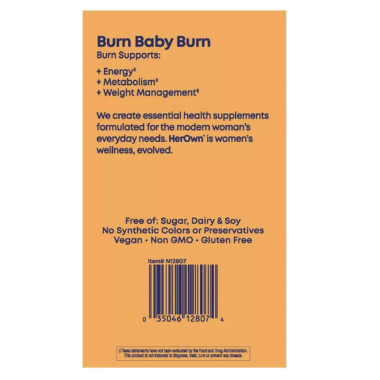 HO005 | Back of orange supplement box labeled Burn Baby Burn with benefits list and barcode