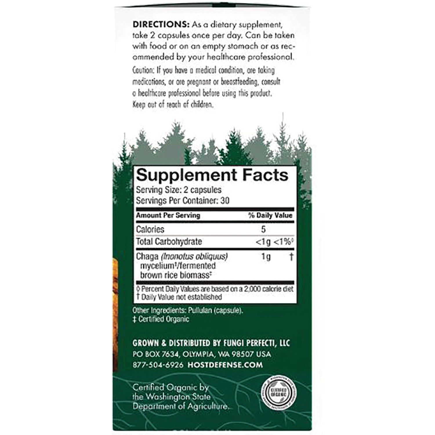 Back label showing Supplement Facts with serving size 2 capsules, Chaga 1 g, calories 5 and directions