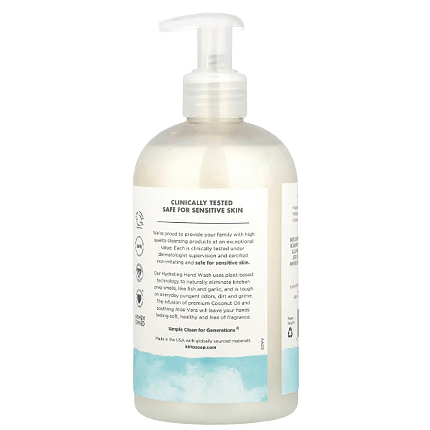 KIR019 | back label of pump bottle reading CLINICALLY TESTED SAFE FOR SENSITIVE SKIN with product information