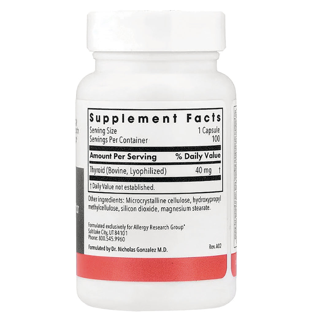 ARG017 | supplement facts panel on back of white bottle showing Thyroid 40 mg and other ingredients - Thumbnail