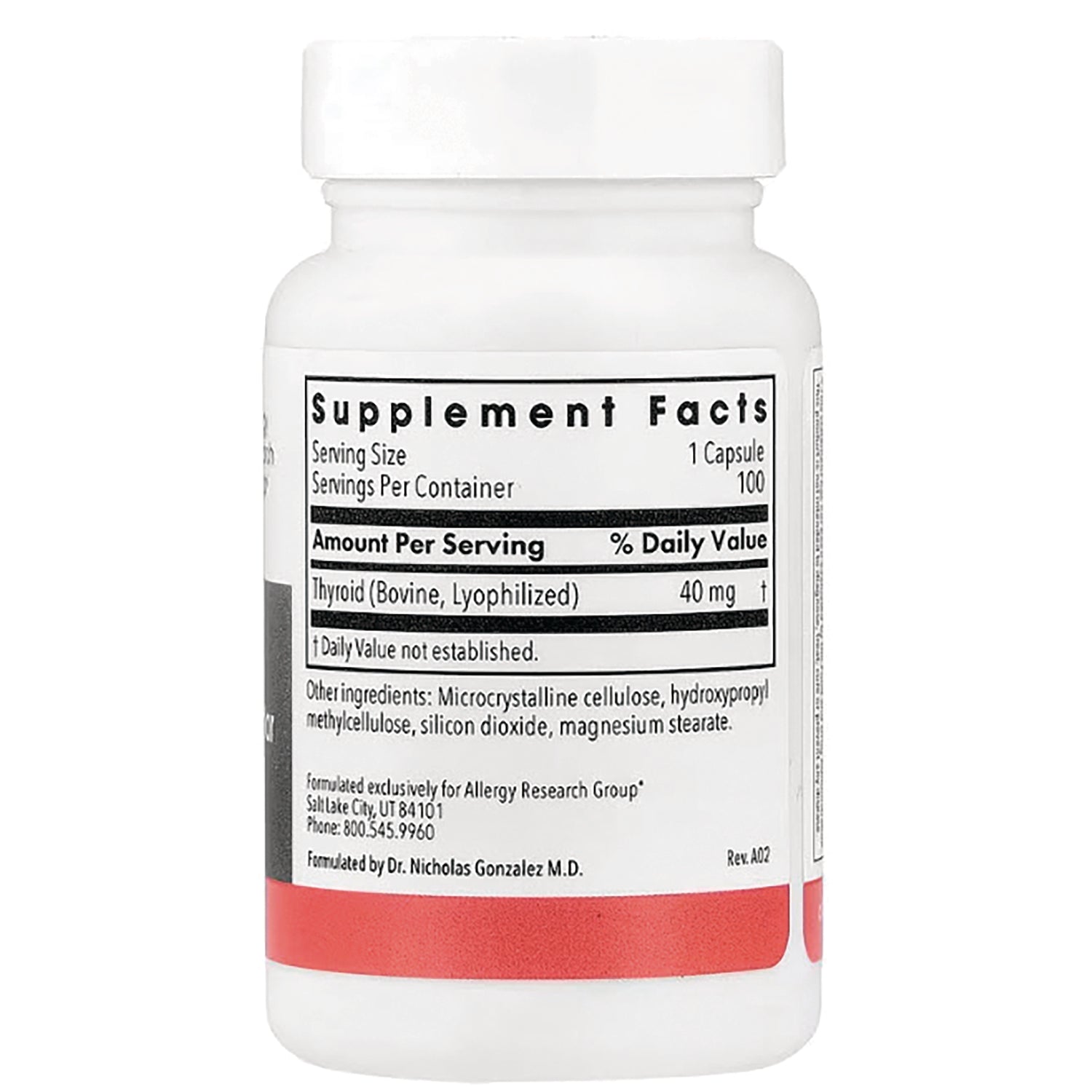 ARG017 | supplement facts panel on back of white bottle showing Thyroid 40 mg and other ingredients