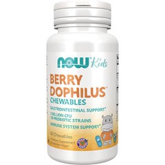 NWF1164 | NOW Kids Berry Dophilus chewables bottle, 60 count, probiotic gastrointestinal and immune support