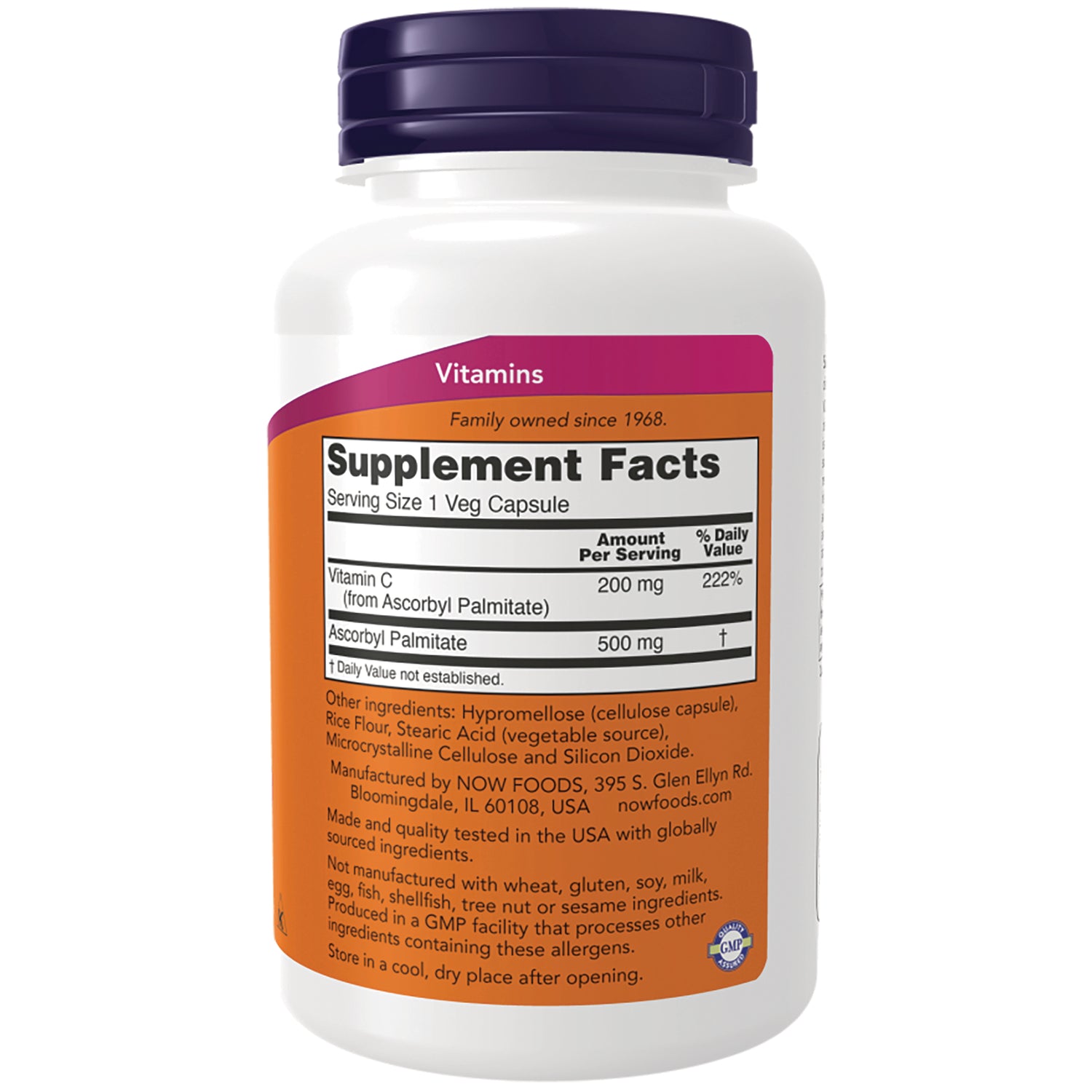 NWF1381 | Back of white supplement bottle showing Supplement Facts label listing Vitamin C 200 mg and Ascorbyl Palmitate 500 mg