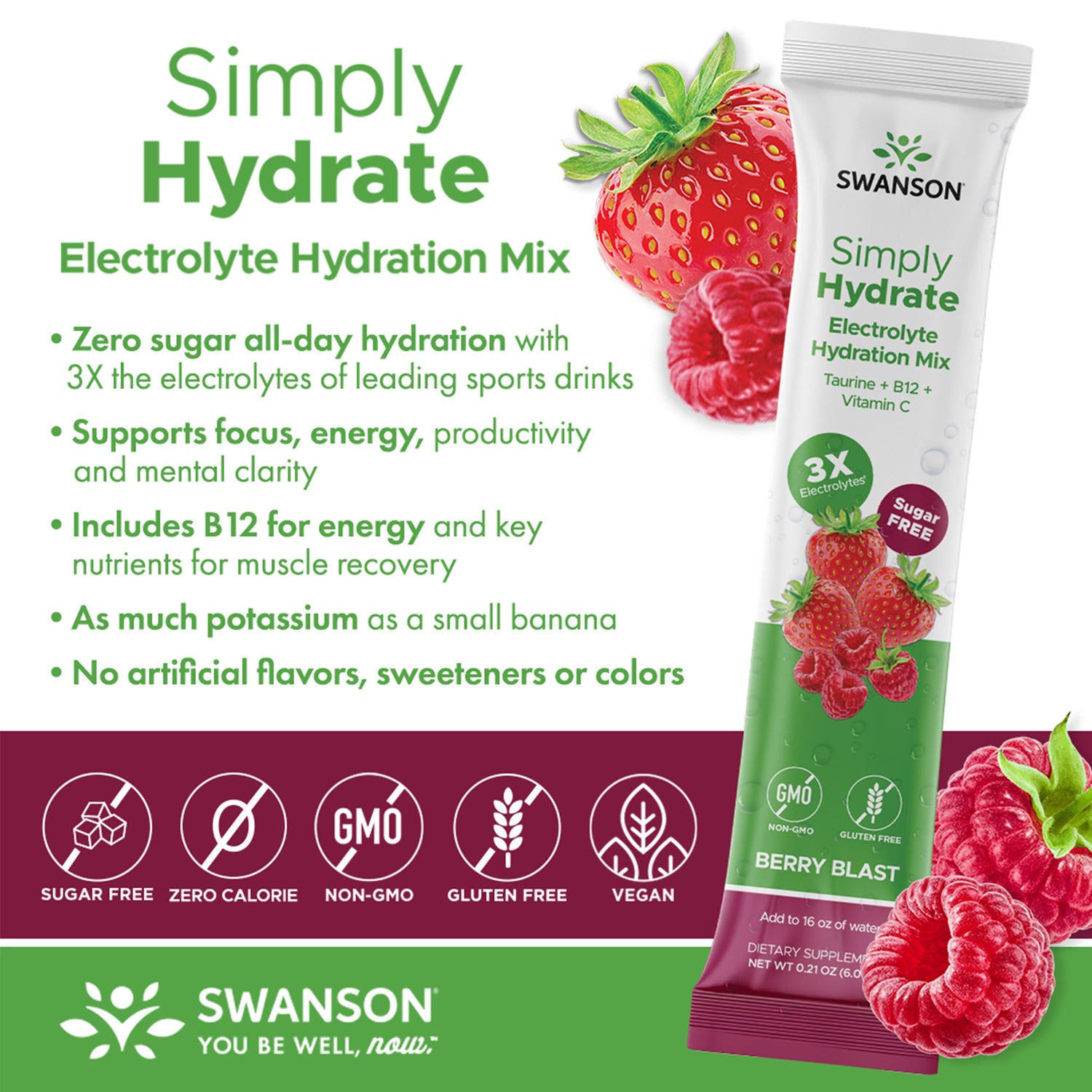 SW1943 A vibrant advertisement for Swanson's Simply Hydrate electrolyte hydration mix featuring a large, ripe strawberry, a raspberry, and a raspberry cluster with green leaves, positioned next to a white, upright packet of the product. The packet displays the product name, key benefits such as '3X electrolytes' and 'sugar free,' and icons indicating it is non-GMO, gluten-free, vegan, and sugar-free, with a maroon section at the bottom containing the Swanson logo and slogan.