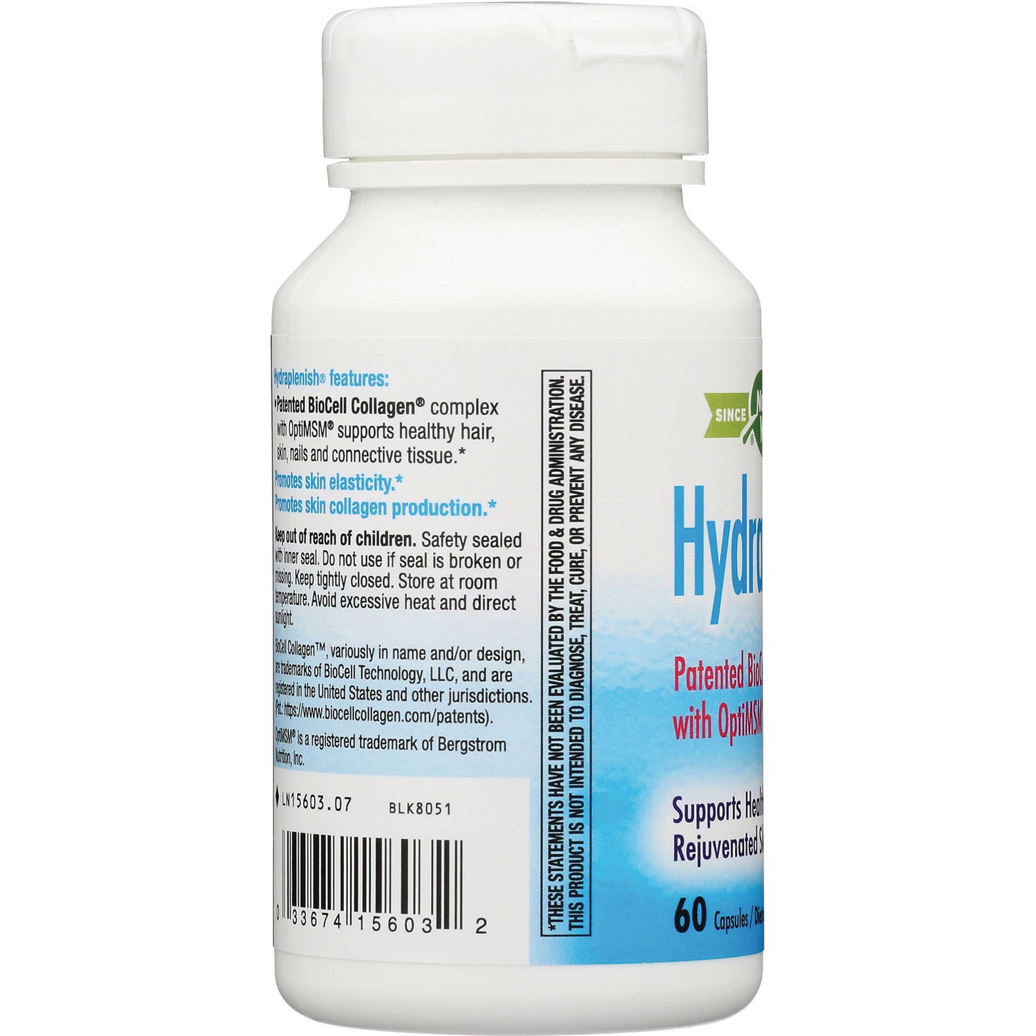 NW625 | white supplement bottle side label showing product infographic, barcode and 60 Capsules callout