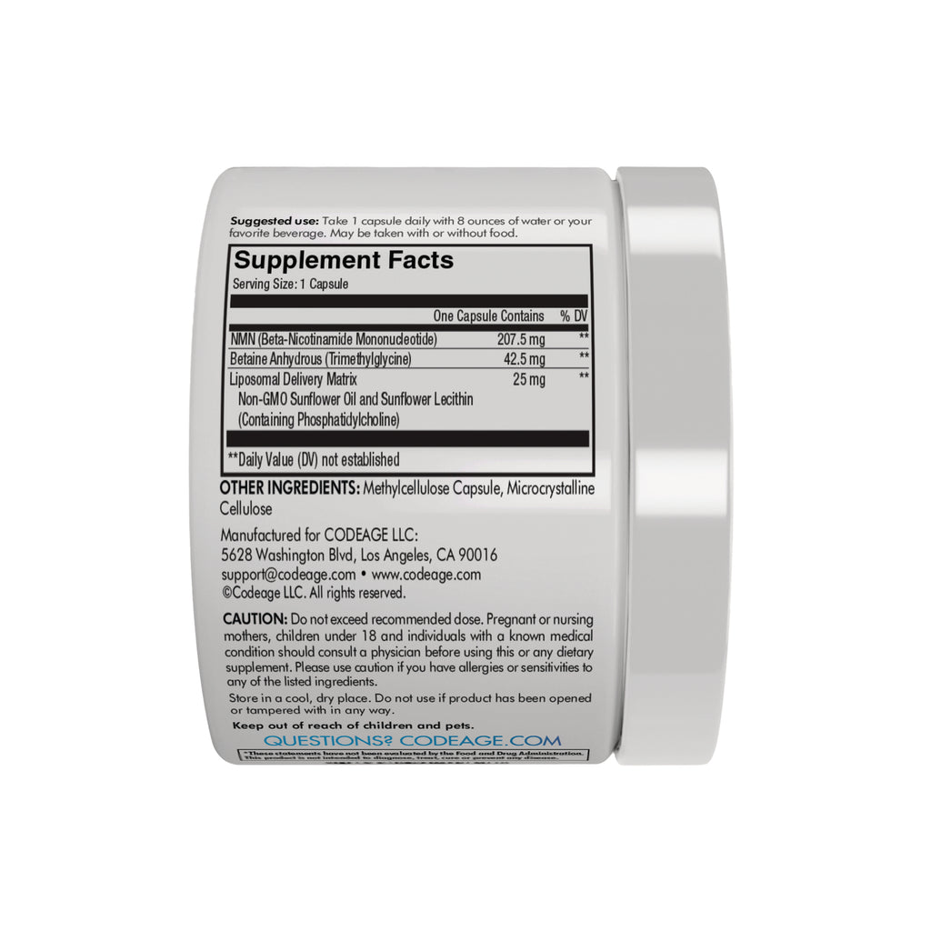 Supplement facts and ingredients label on white bottle showing NMN 207.5 mg, betaine 42.5 mg, directions and caution - Thumbnail