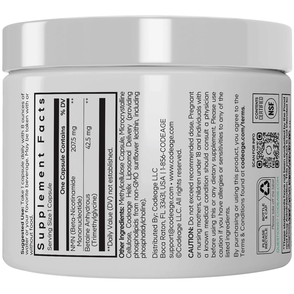 CDG039 | Supplement facts and ingredients label on white bottle showing NMN 207.5 mg, betaine 42.5 mg, directions and caution - Thumbnail