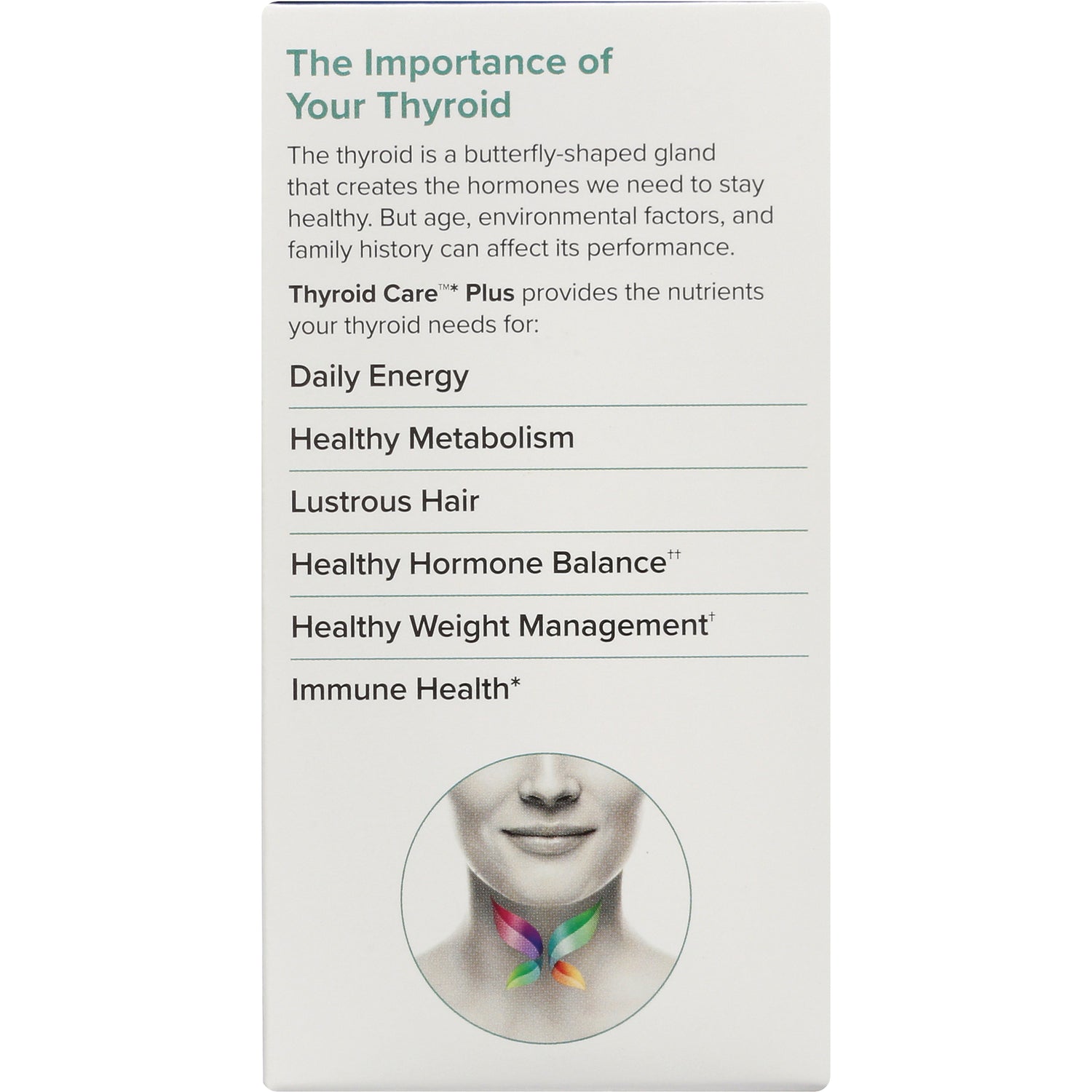 Panel titled The Importance of Your Thyroid listing benefits like Daily Energy, Healthy Metabolism, Lustrous Hair, with neck diagram of a colorful butterfly-shaped thyroid
