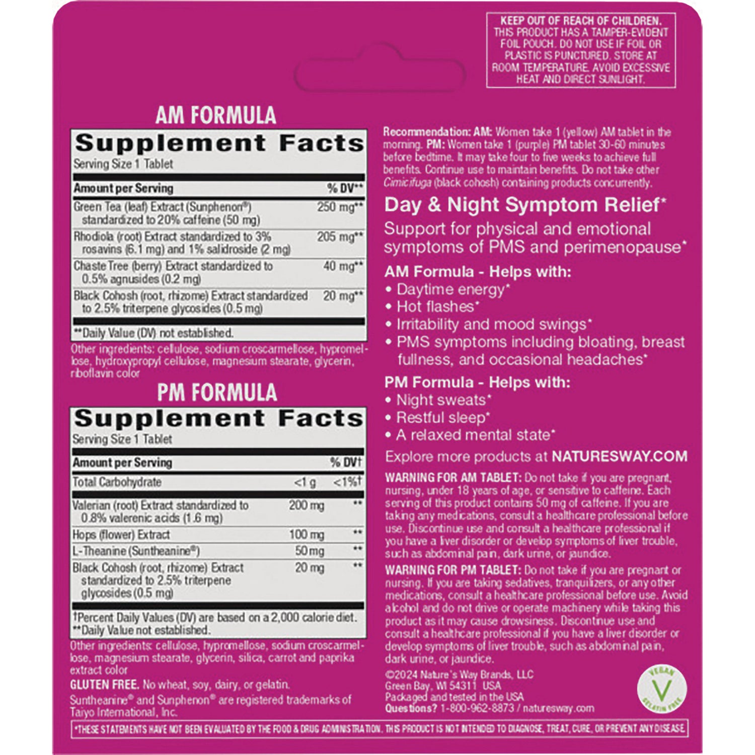 ET379 | back panel showing Supplement Facts for AM and PM formulas with warnings and directions