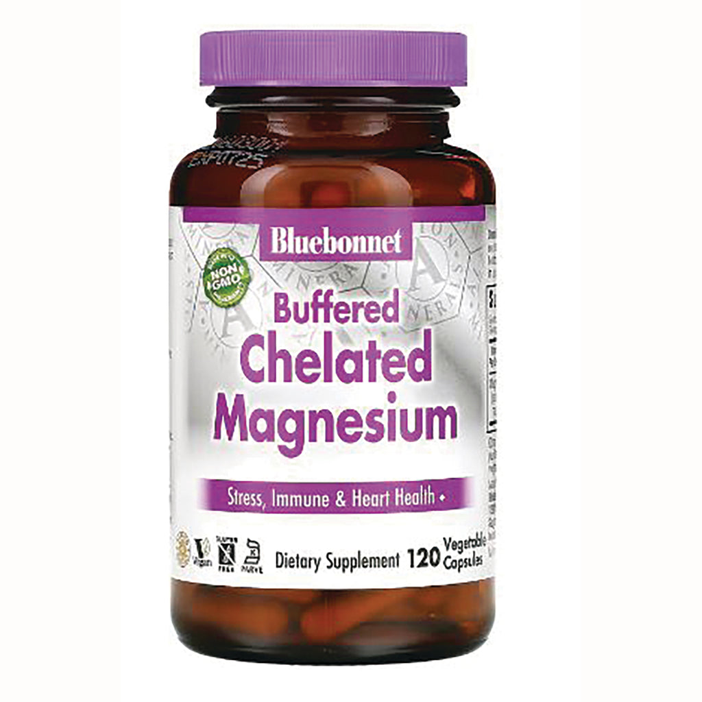 BLU058 | Bluebonnet Buffered Chelated Magnesium brown bottle with purple cap, dietary supplement 120 vegetable capsules - Thumbnail