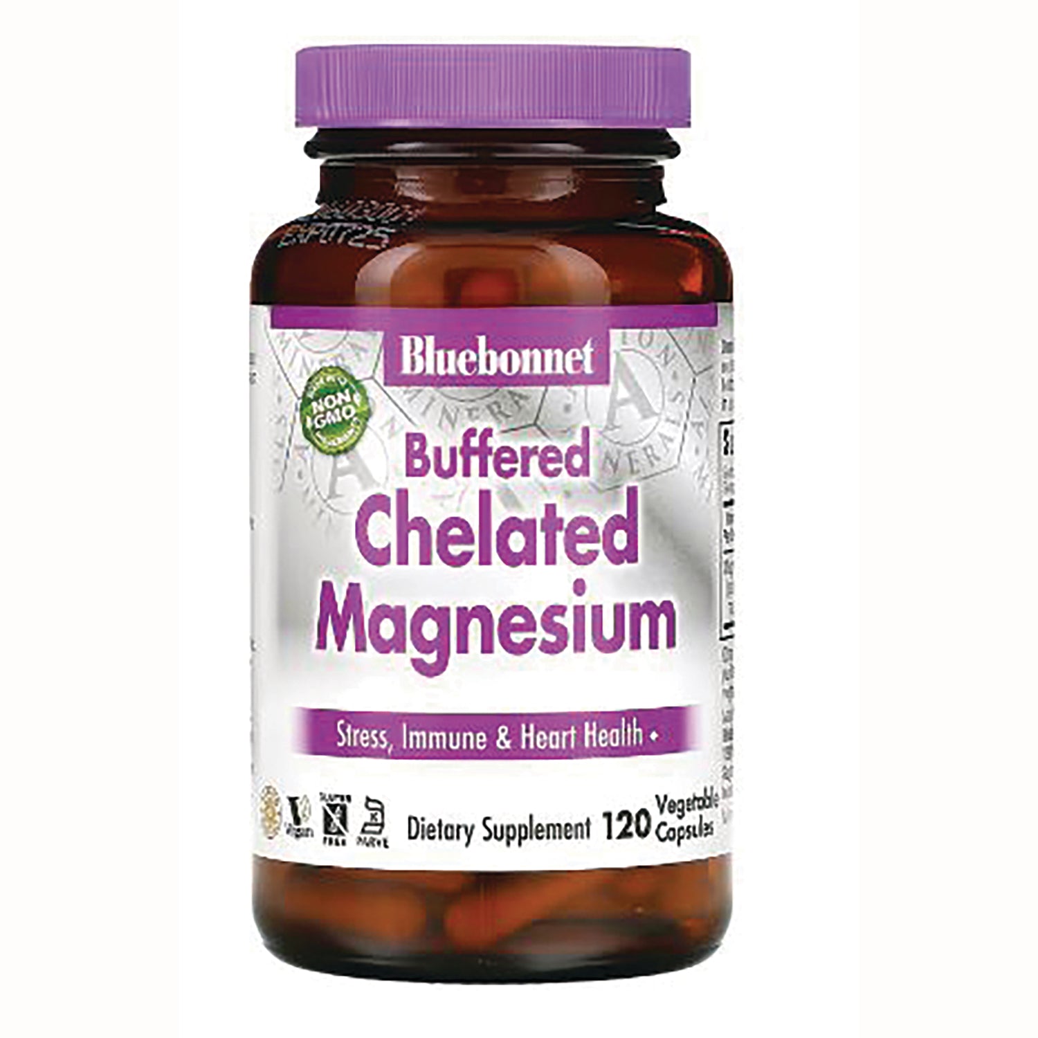 BLU058 | Bluebonnet Buffered Chelated Magnesium brown bottle with purple cap, dietary supplement 120 vegetable capsules