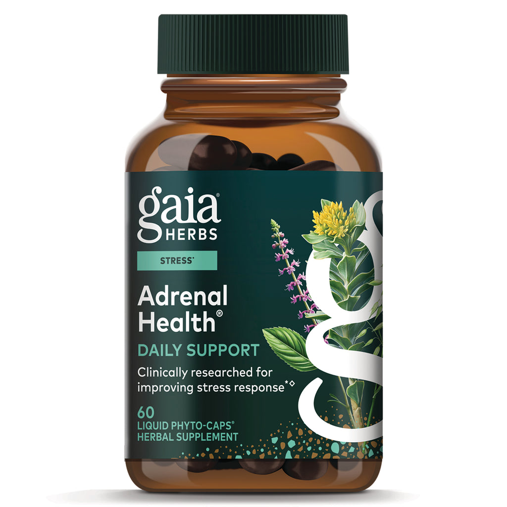 GH001 | Gaia Herbs Adrenal Health daily support bottle, 60 liquid phyto-caps with green label and botanical illustration - Thumbnail