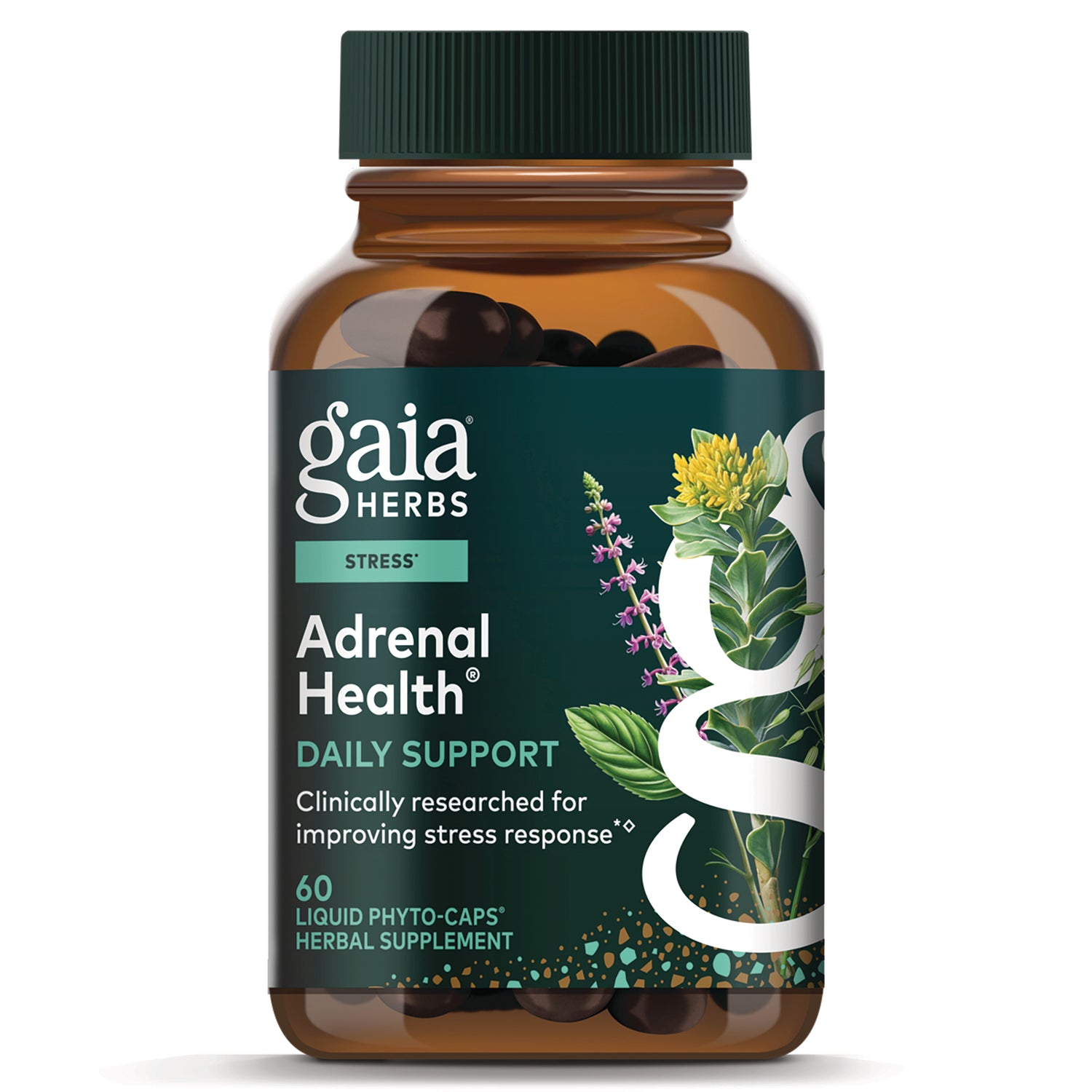 GH001 | Gaia Herbs Adrenal Health daily support bottle, 60 liquid phyto-caps with green label and botanical illustration