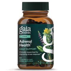 GH001 | Gaia Herbs Adrenal Health daily support bottle, 60 liquid phyto-caps with green label and botanical illustration