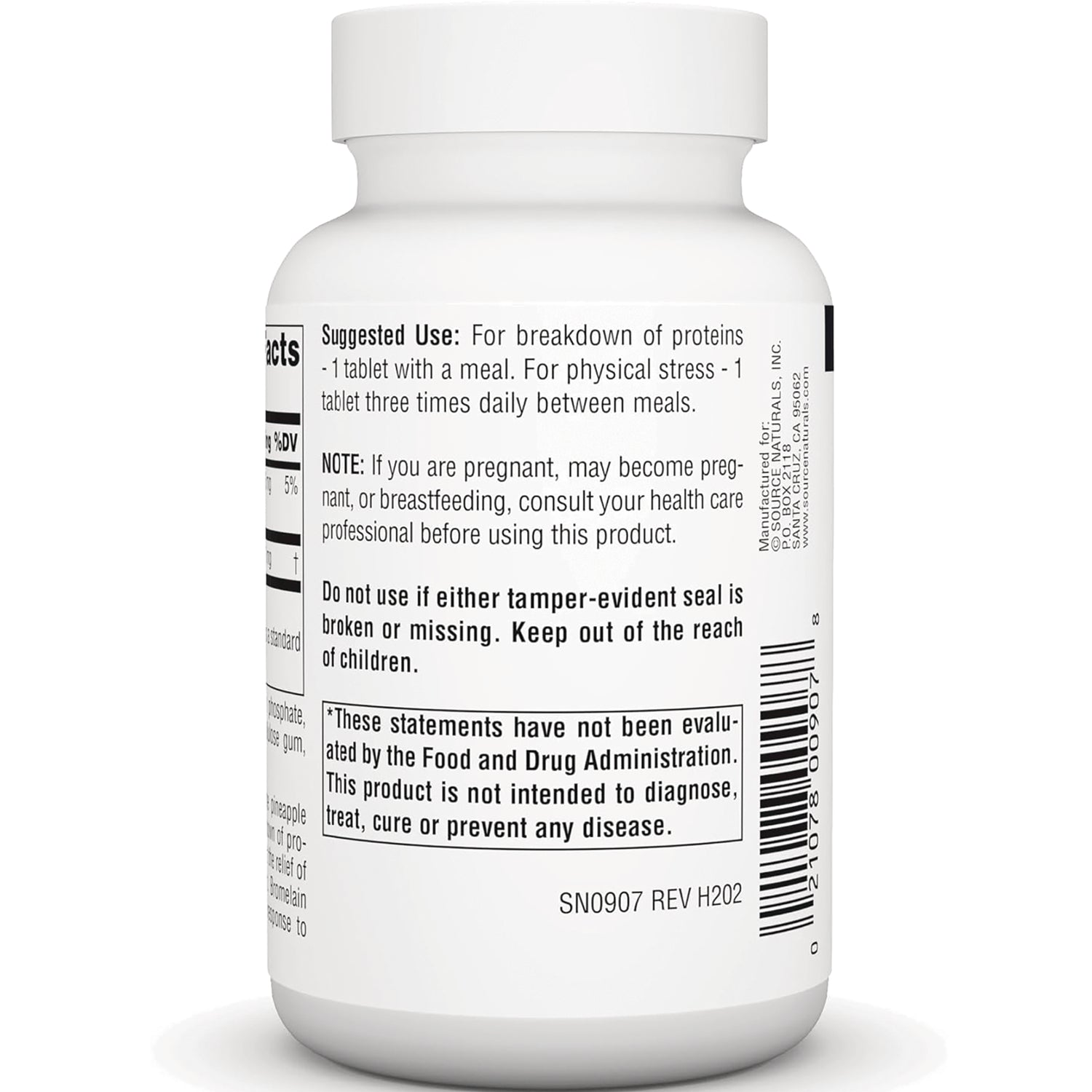 SN102 | Supplement bottle back label with suggested use, warnings, FDA disclaimer, and barcode