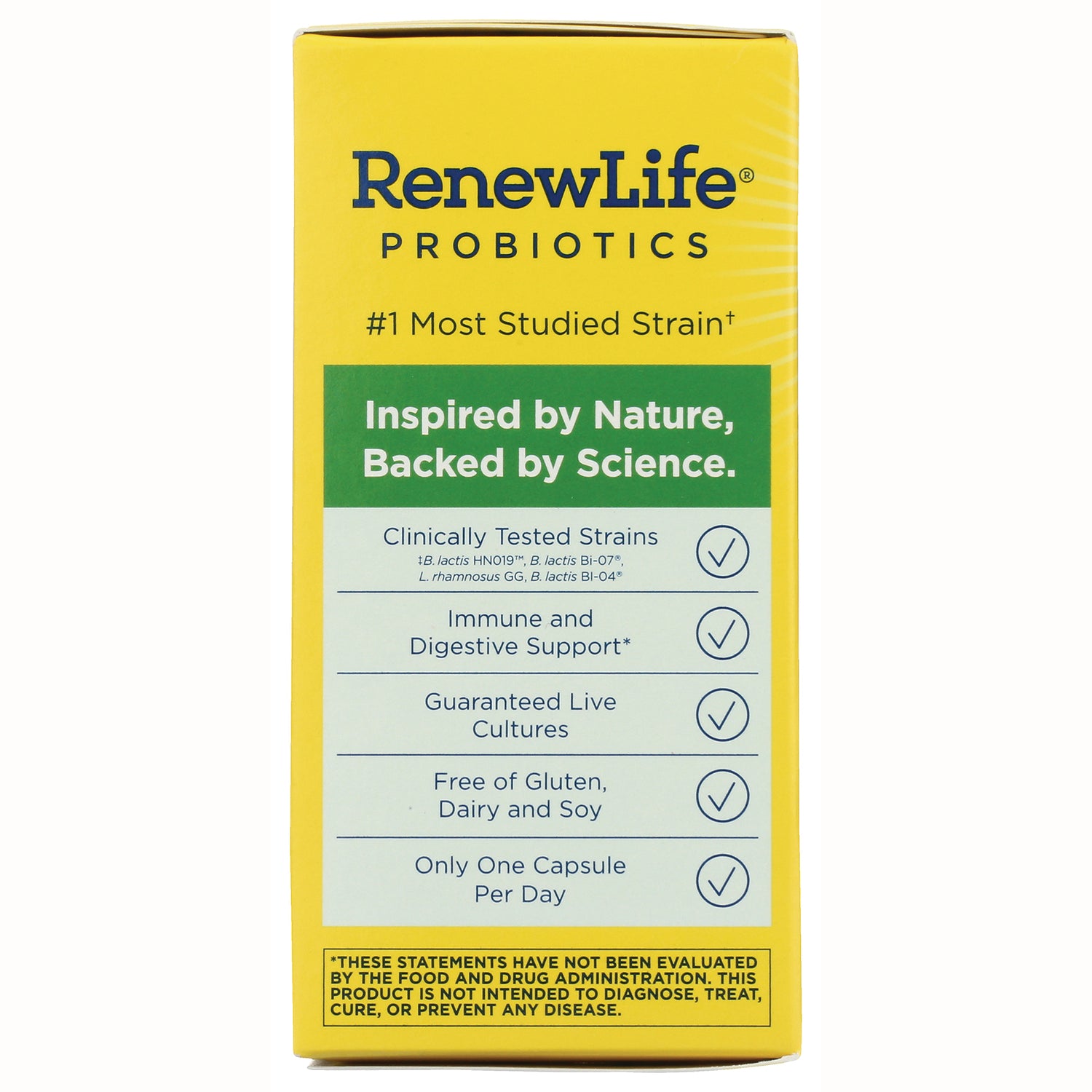 RNL237 | Back of RenewLife probiotics box listing benefits and claims including clinically tested strains and one capsule per day
