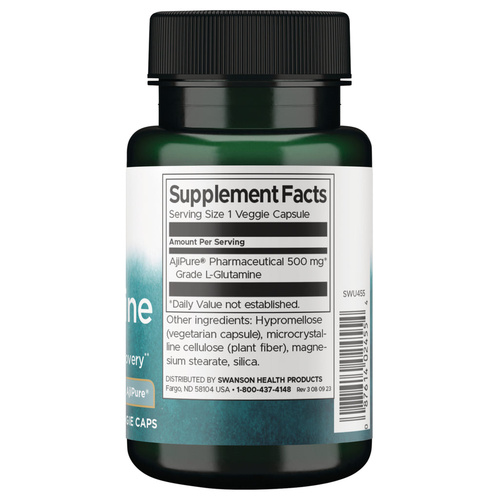 SWU455 | Back label with Supplement Facts for AjiPure Pharmaceutical Grade L-Glutamine, serving size 1 veggie capsule - Thumbnail
