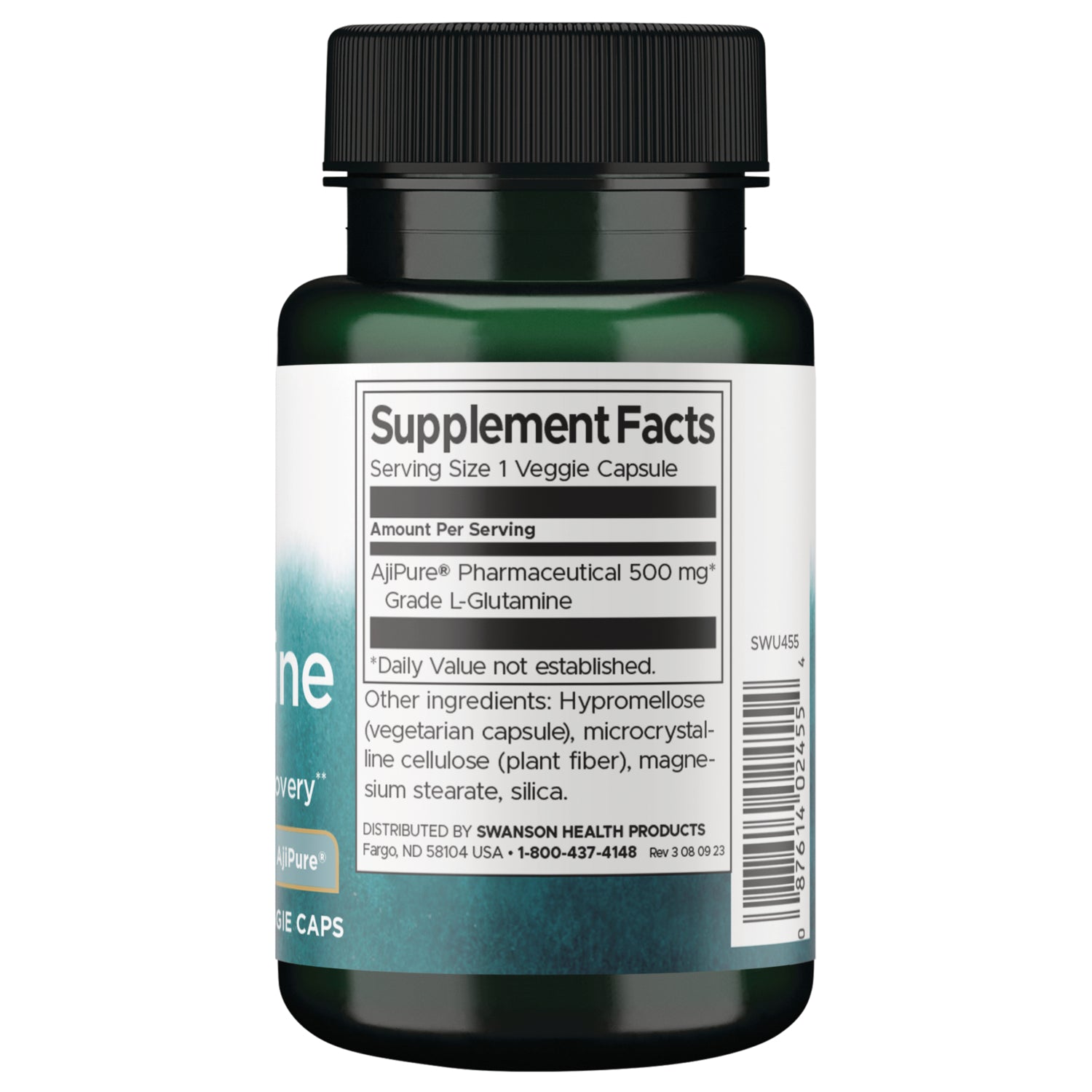 SWU455 | Back label with Supplement Facts for AjiPure Pharmaceutical Grade L-Glutamine, serving size 1 veggie capsule