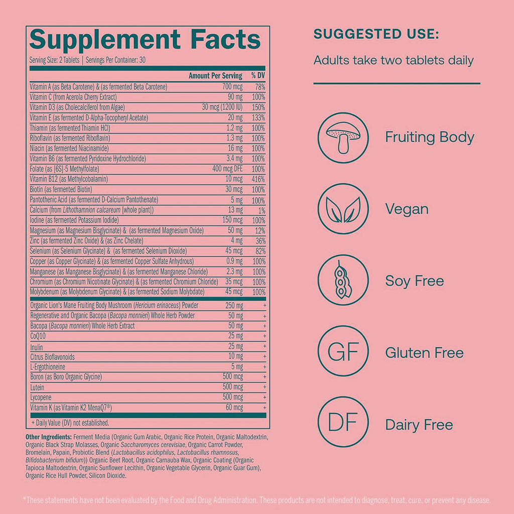 TG007 | Supplement Facts; Adults take two tablets daily; Fruiting Body, Vegan, Soy Free, Gluten Free, Dairy Free - Thumbnail