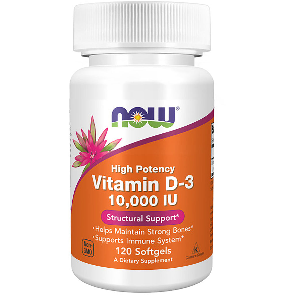 NWF1194 | NOW Vitamin D-3 10,000 IU 120 softgels white bottle with orange label - Thumbnail