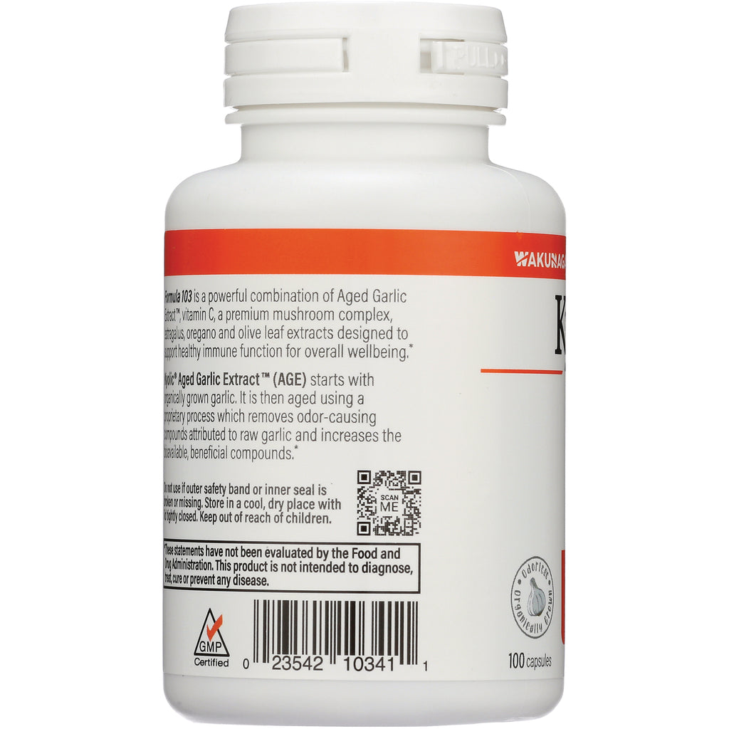 KY101 | back of white supplement bottle label showing ingredients text, QR code, barcode and 100 capsules text - Thumbnail