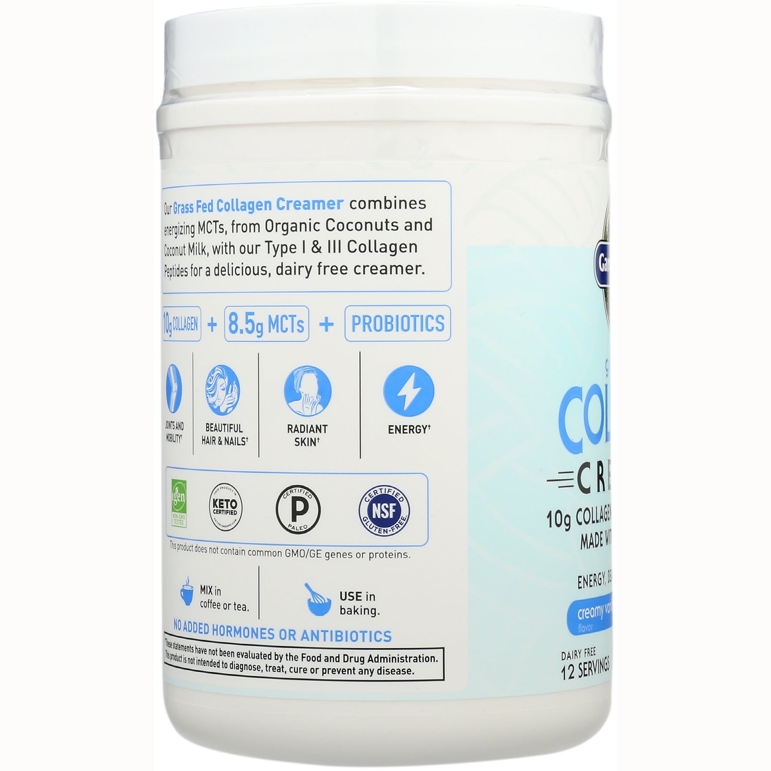 GLF307 | product infographic on container side showing 10g collagen, 8.5g MCTs, probiotics, benefit icons and certification badges