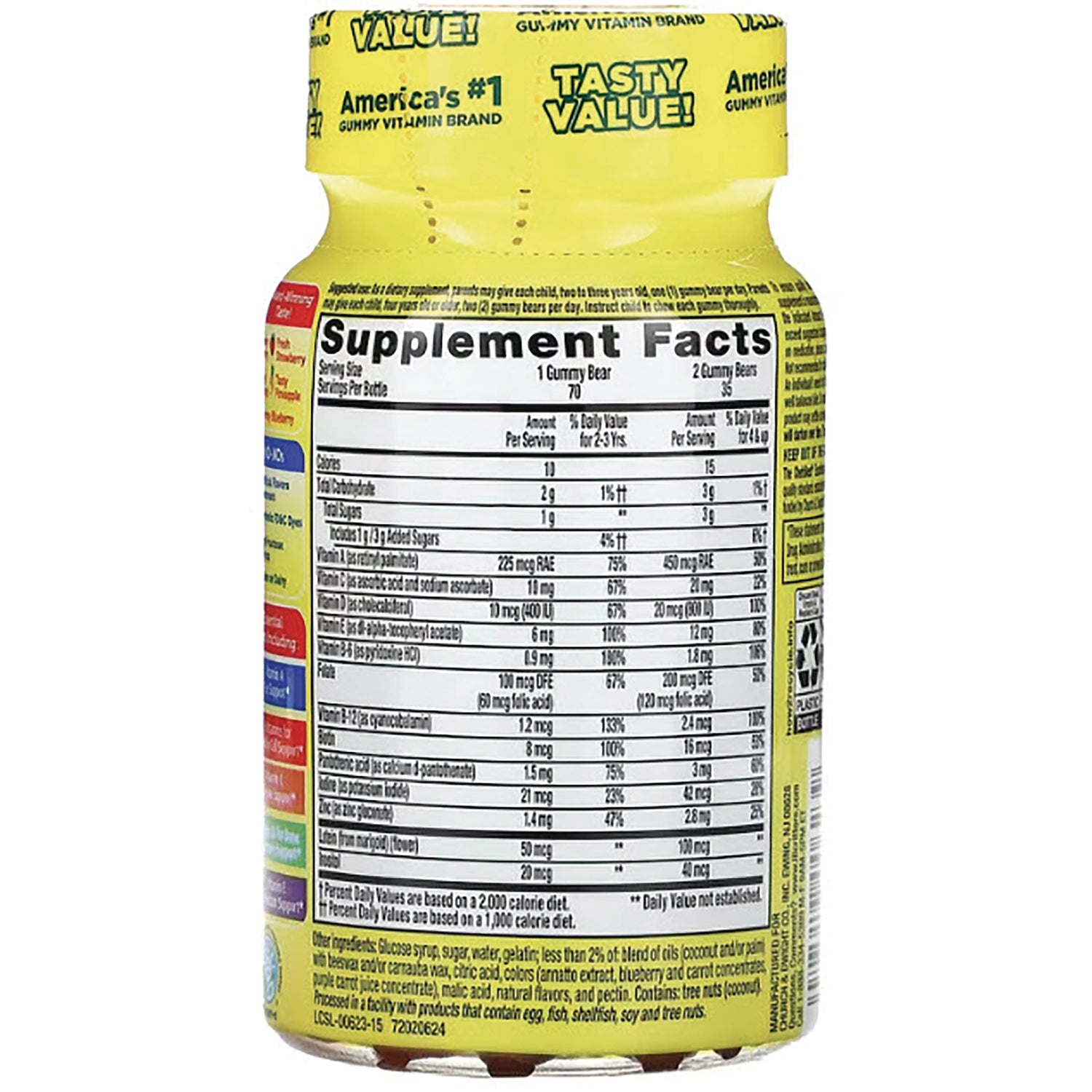 LCR006 | back label showing Supplement Facts panel and ingredients on yellow gummy vitamin bottle