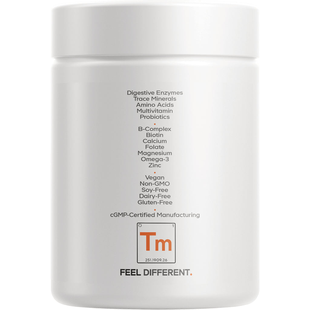 CDG025 | Back of white supplement jar showing ingredients and labels Vegan Non-GMO Soy-Free Dairy-Free Gluten-Free cGMP Certified FEEL DIFFERENT - Thumbnail