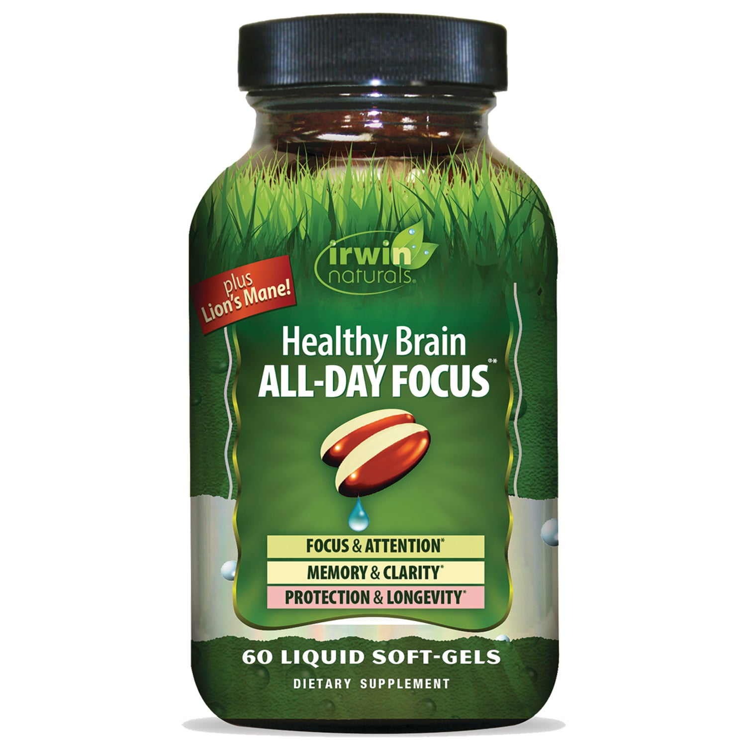 IR280 | Irwin Naturals Healthy Brain All-Day Focus supplement bottle with green label, 60 liquid soft-gels
