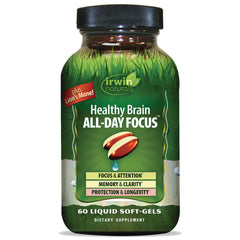IR280 | Irwin Naturals Healthy Brain All-Day Focus supplement bottle with green label, 60 liquid soft-gels