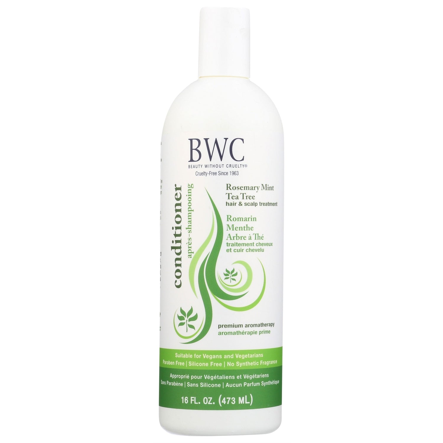 BWC095 | tall white bottle with bright green label reading BWC conditioner rosemary mint tea tree hair and scalp treatment