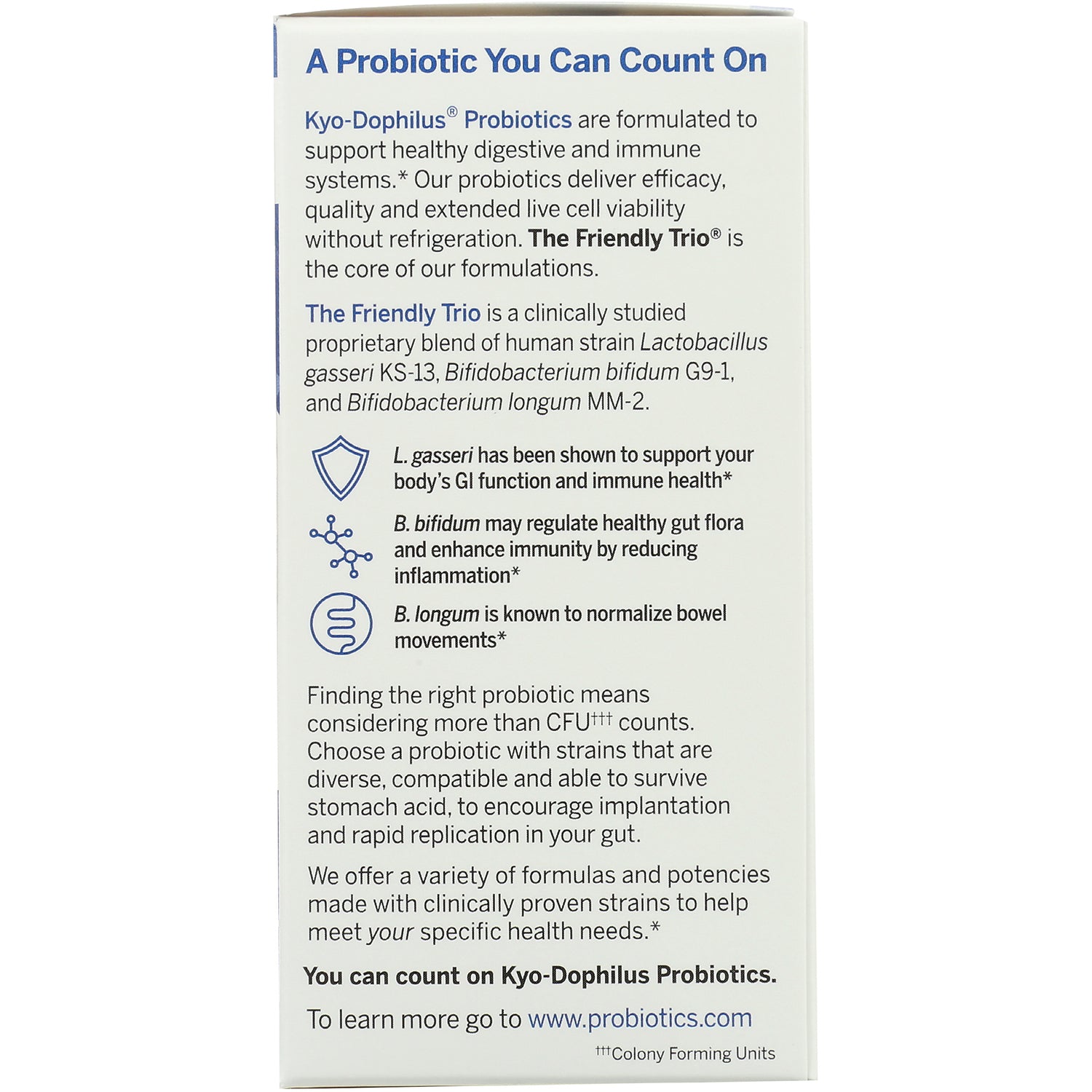 KY072 | product infographic panel listing Kyo-Dophilus probiotic strains and benefits