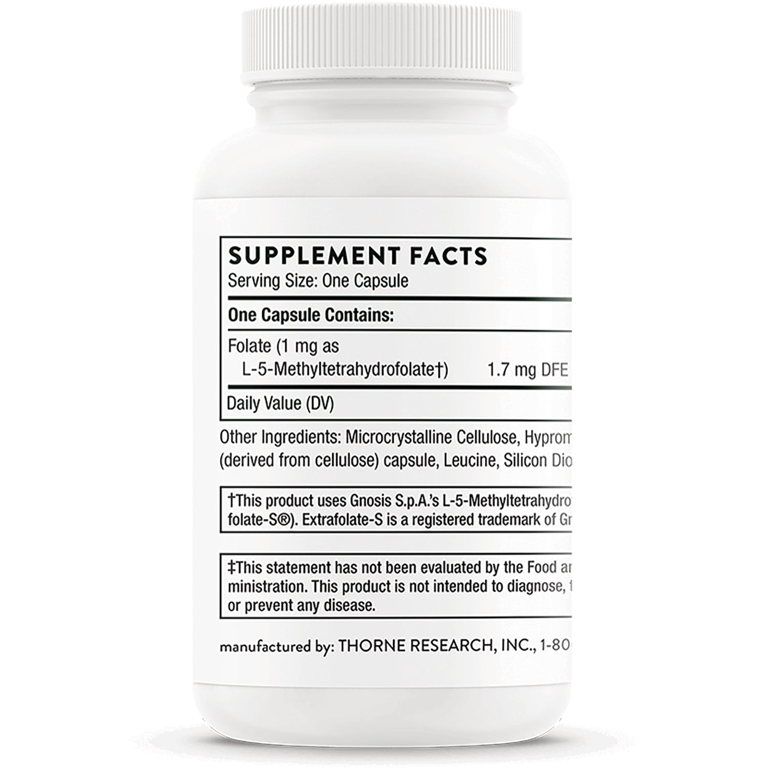 TRN002 | Back of supplement bottle with Supplement Facts panel; One Capsule Contains folate