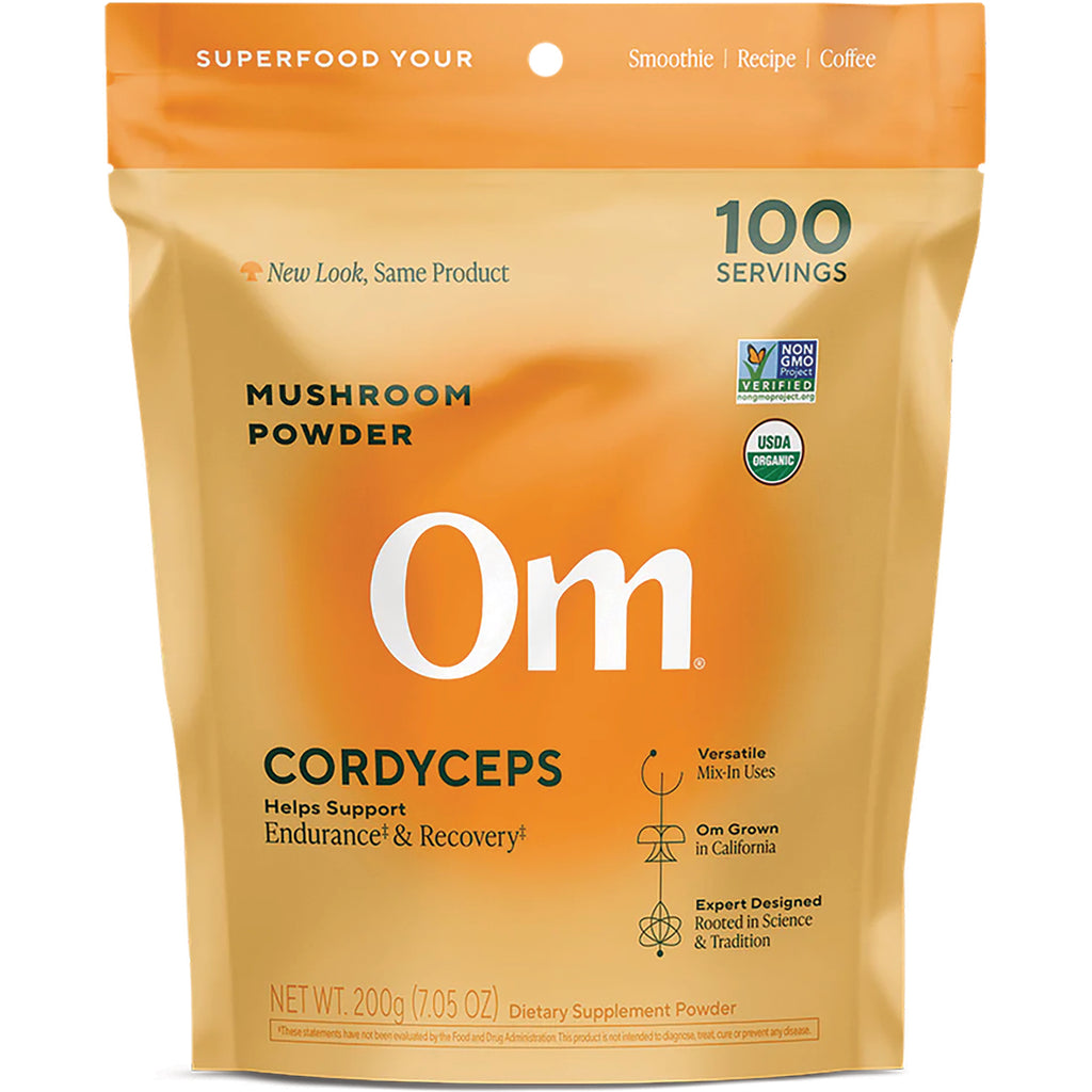 MMX042 | Om Cordyceps front pouch, certified organic mushroom powder 200 g, USDA organic and vegan icons - Thumbnail