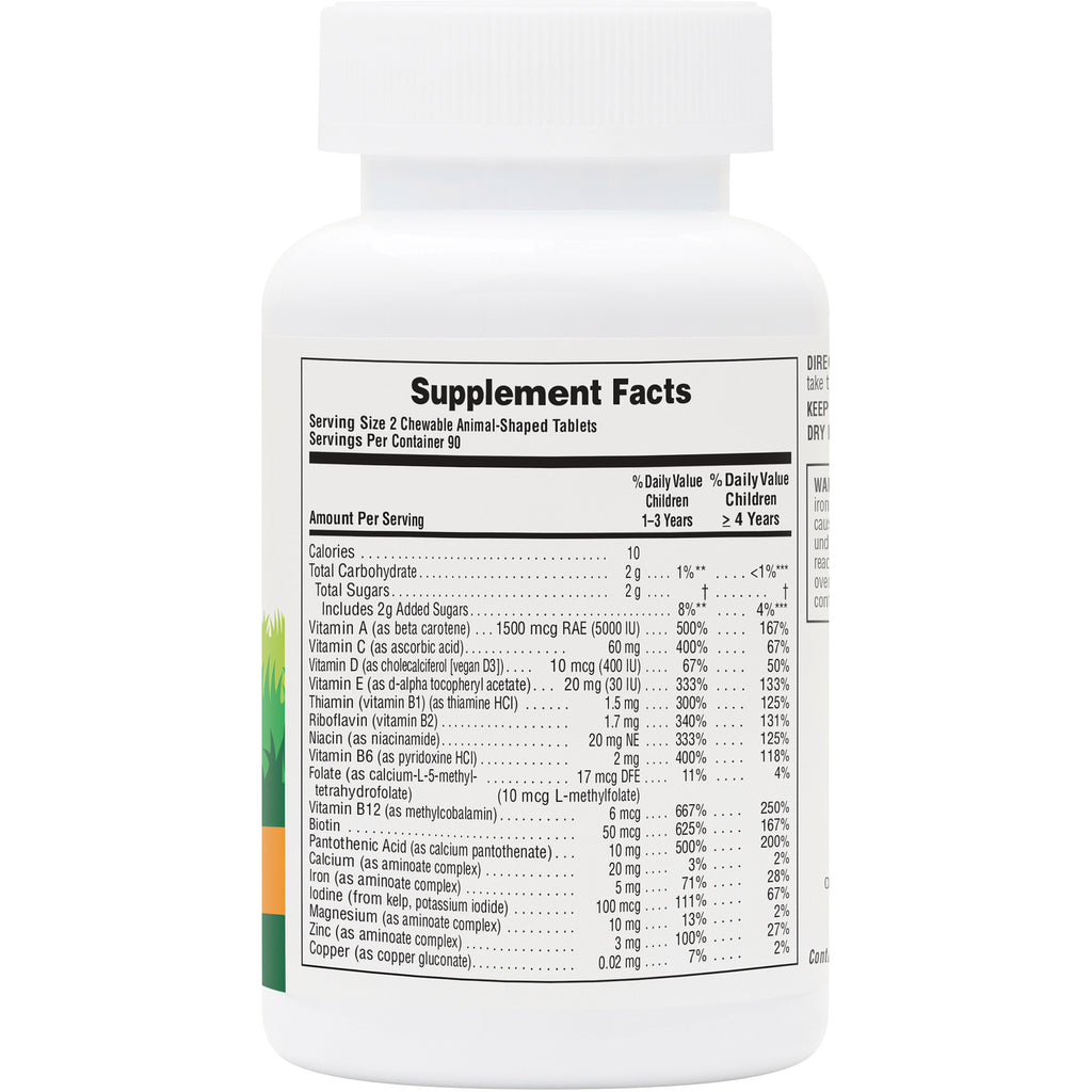 NTP004 | Back of white supplement bottle showing Supplement Facts panel and nutrition facts for chewable animal-shaped tablets - Thumbnail