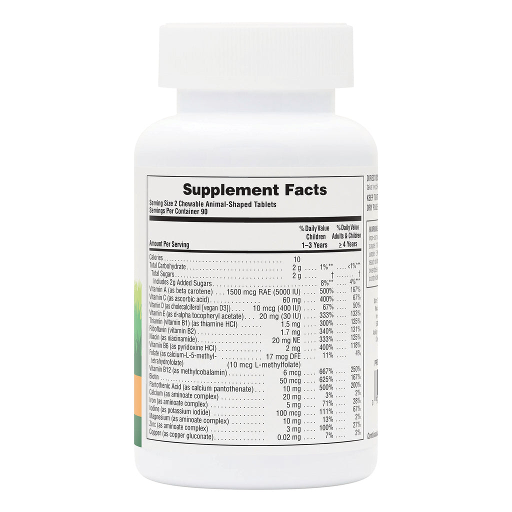 NTP004 | Back of white supplement bottle showing Supplement Facts panel and nutrition facts for chewable animal-shaped tablets - Thumbnail