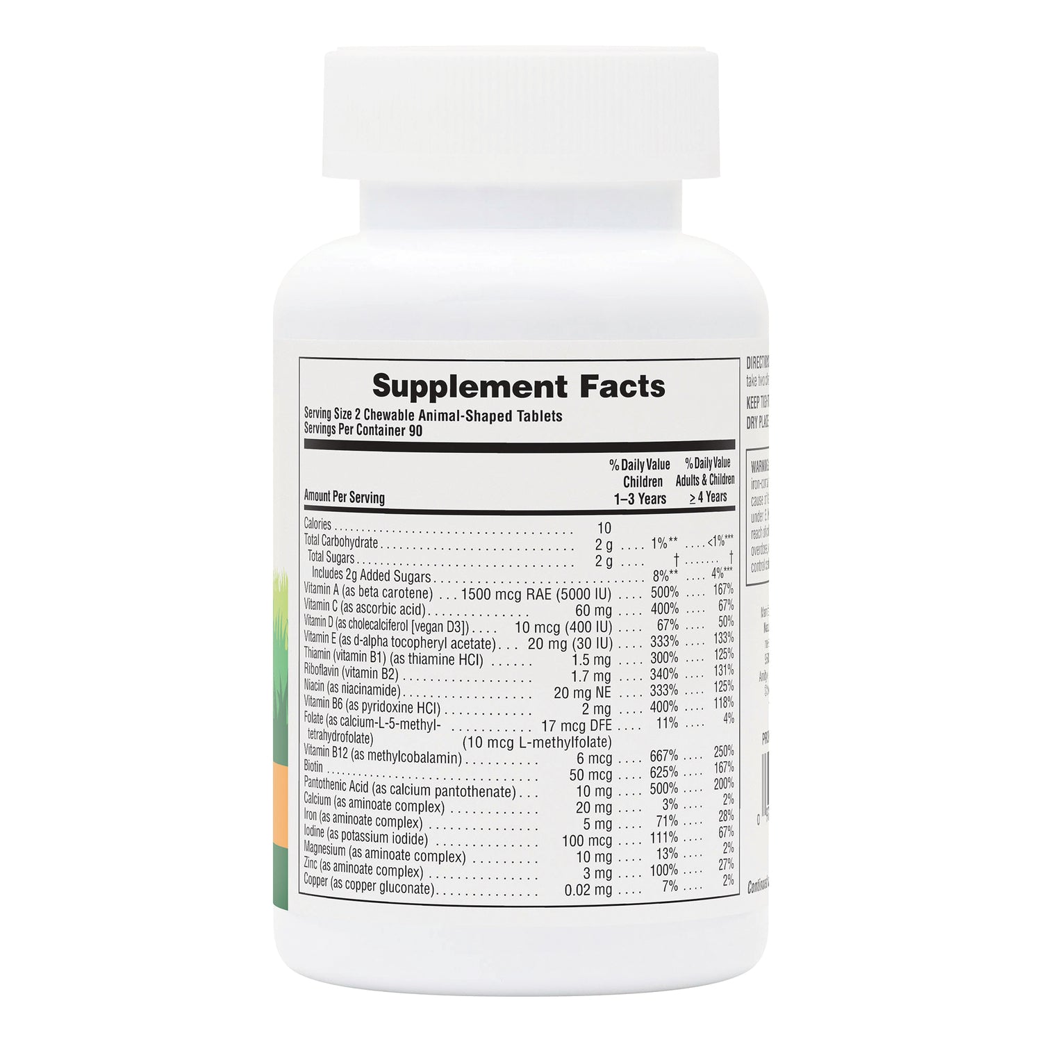 NTP004 | Back of white supplement bottle showing Supplement Facts panel and nutrition facts for chewable animal-shaped tablets