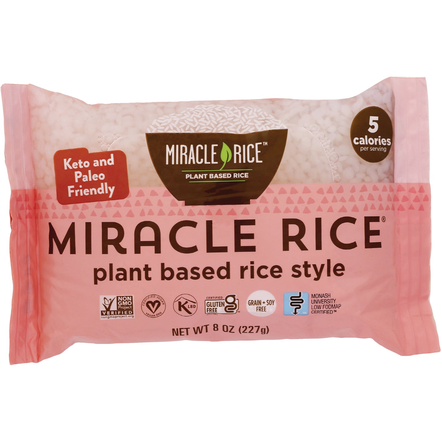 MIR003 | Miracle Rice plant based rice style front pink package labeled 5 calories per serving
