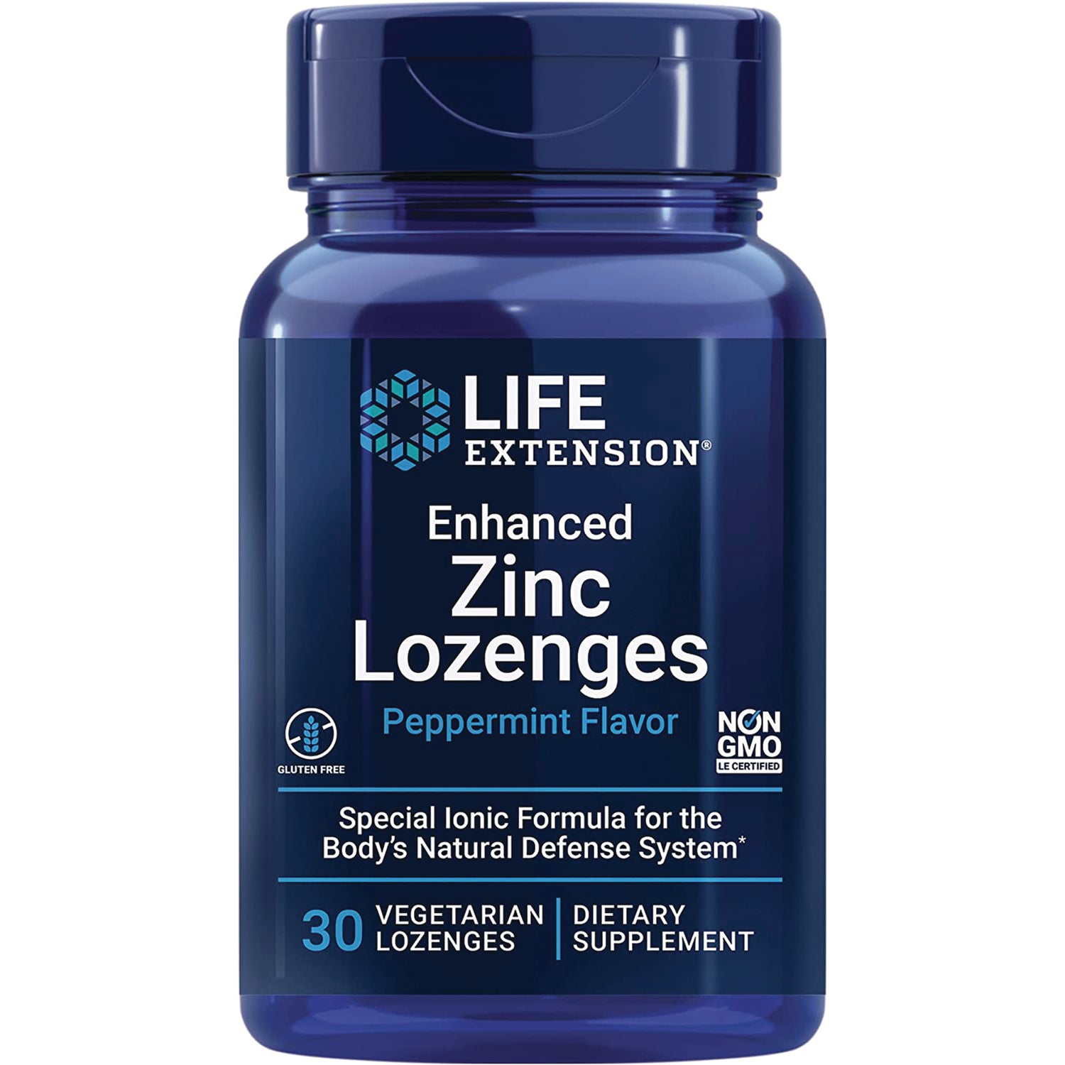 LE567 | Life Extension Enhanced Zinc Lozenges peppermint flavor bottle, 30 vegetarian lozenges