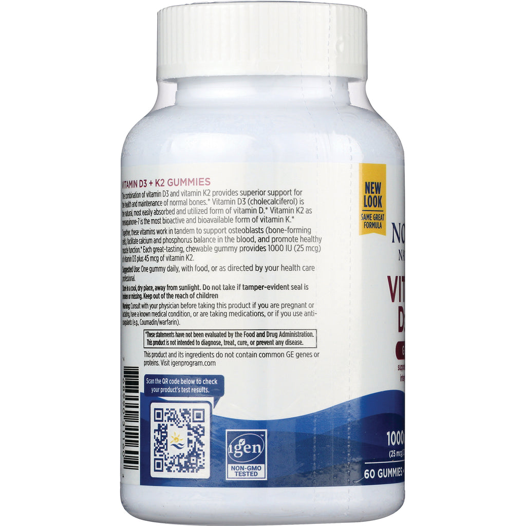 NRN087 | Back label of vitamin D3 + K2 gummies bottle showing supplement facts, QR code and non-GMO tested logo - Thumbnail