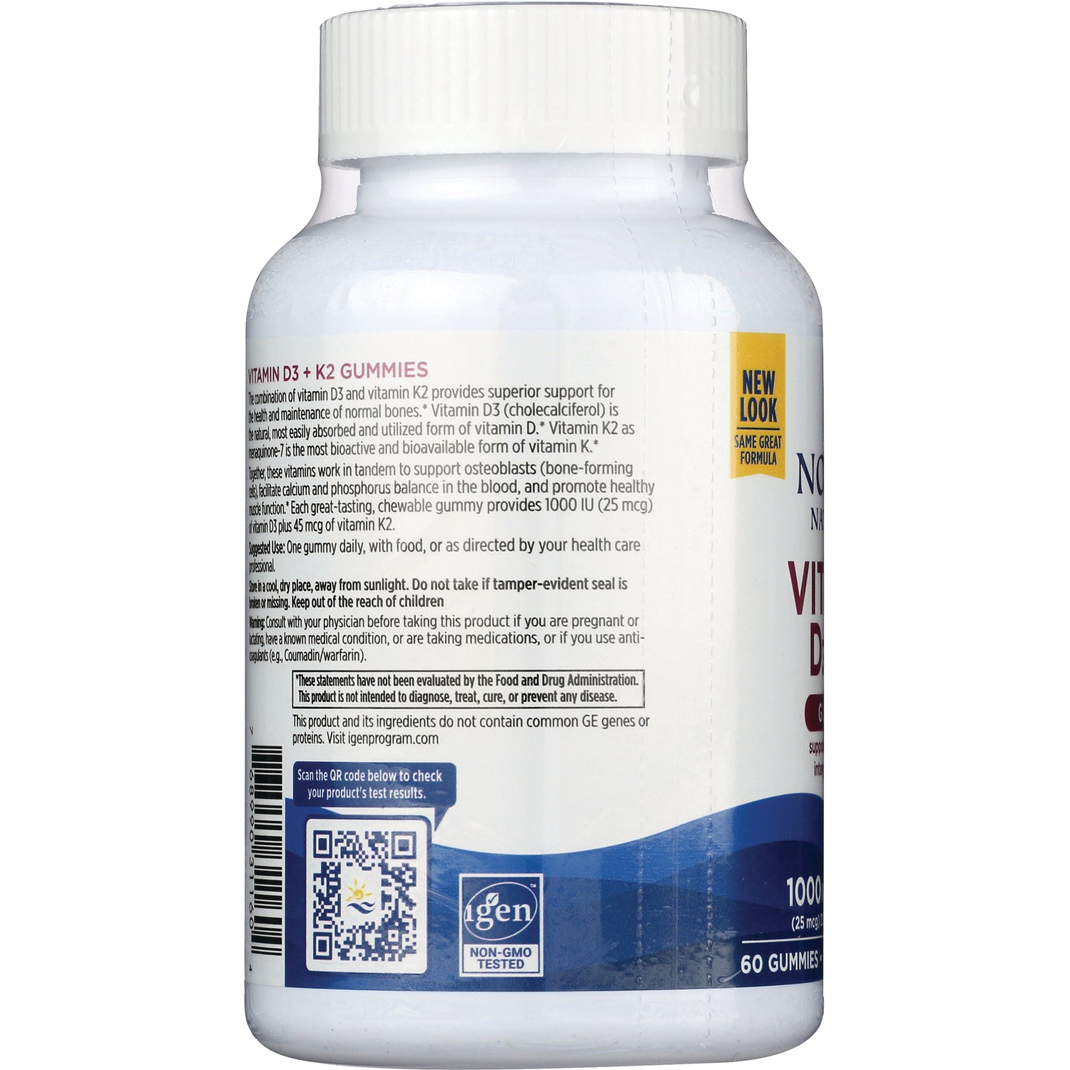 NRN087 | Back label of vitamin D3 + K2 gummies bottle showing supplement facts, QR code and non-GMO tested logo