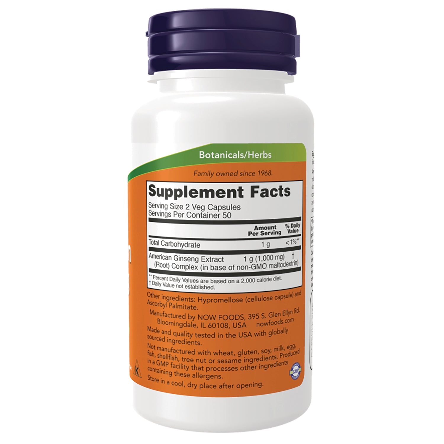 NWF1380 | Back of white supplement bottle showing Supplement Facts panel, ingredient list on orange label and purple cap